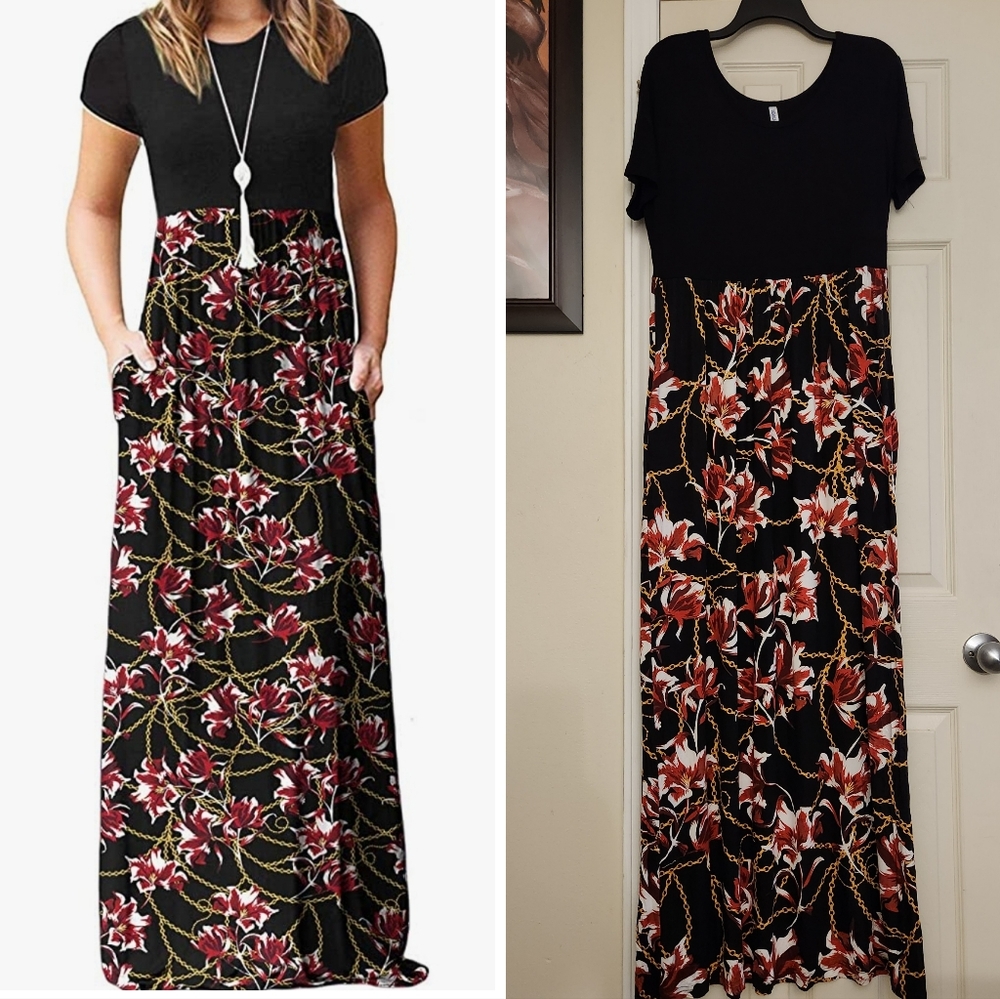 Dearcase Short Sleeve Black /Red Pocketed Floral Maxi